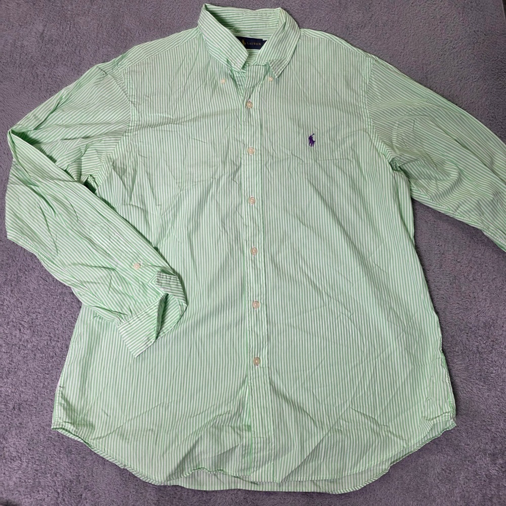 Ralph Lauren Mens L Button Down Shirt Green White Striped Long Sleeve Cotton